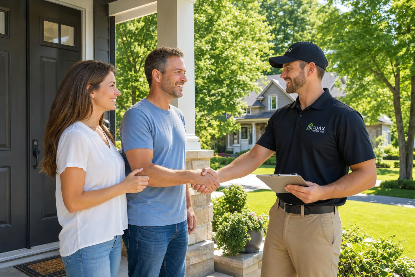 Homeowner couple shaking hands with a verified contractor on their front porch
